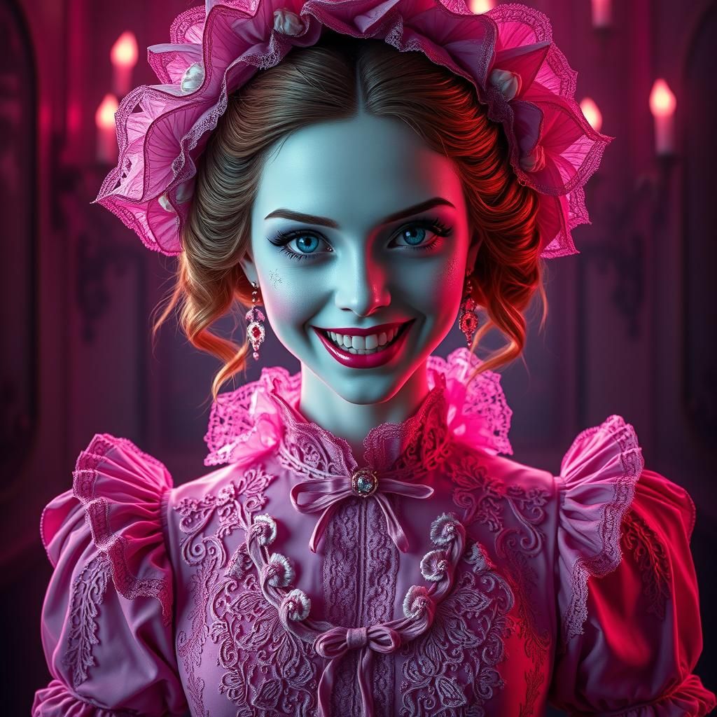Eerie Woman in Pink Victorian Dress with Unsettling Smile