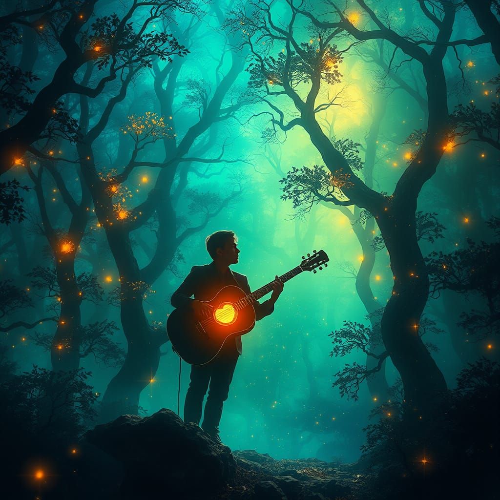 Ethereal Musician in Iridescent Forest, Radiating Wonder and...