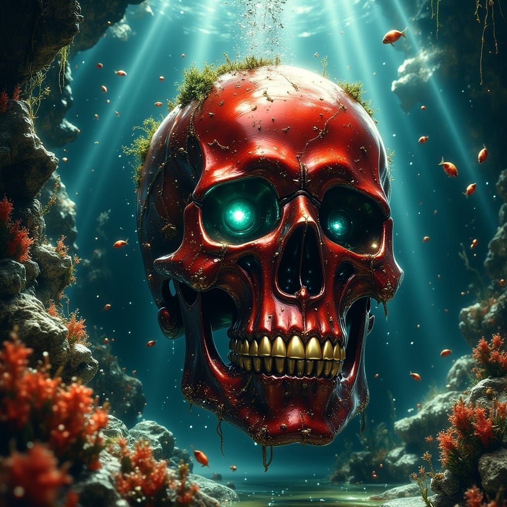 Submerged Red Skull with Coral and Bones