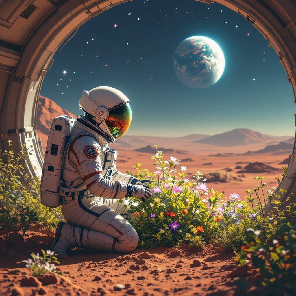 Astronaut's Luminescent Garden on Mars in Hyperrealistic Sty...
