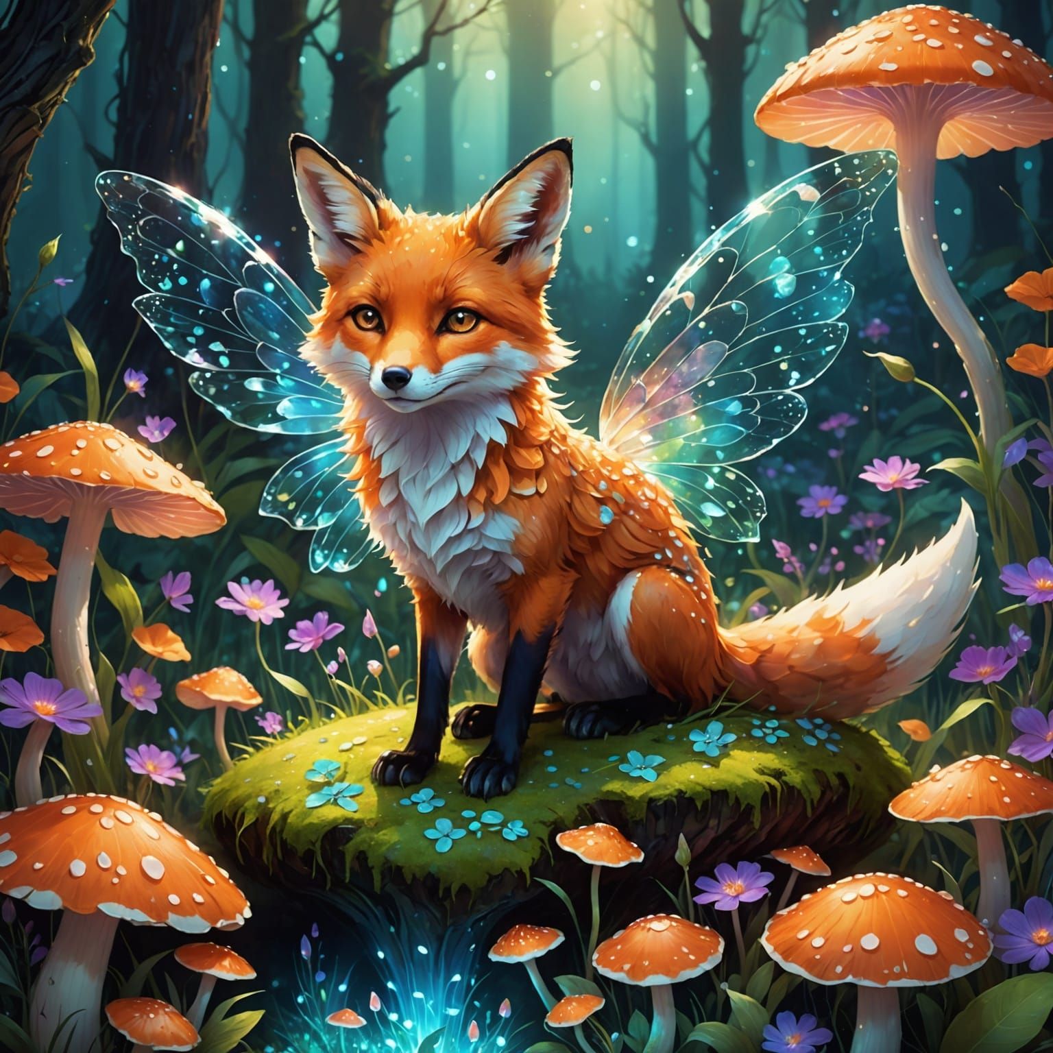 Fox Fairy on Mushroom in Bioluminescent Glade