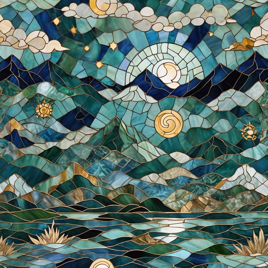 Moonlit Lake with Alchemic Symbols in Stained Glass