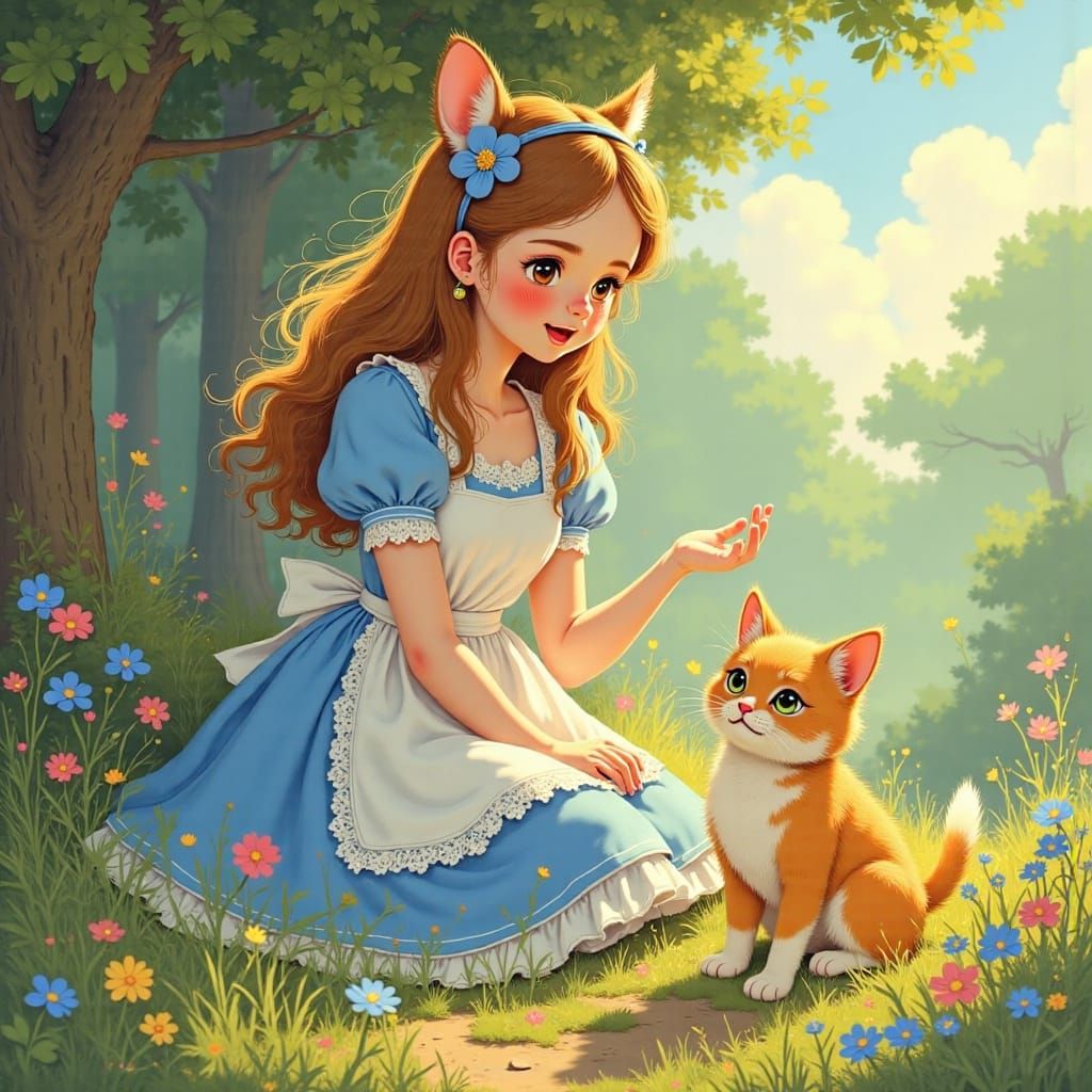 Whimsical Wonderland Scene with a Tiny Feline Companion in D...