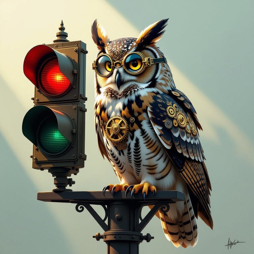 Steampunk Owl on Railway Signal with Dramatic Lighting