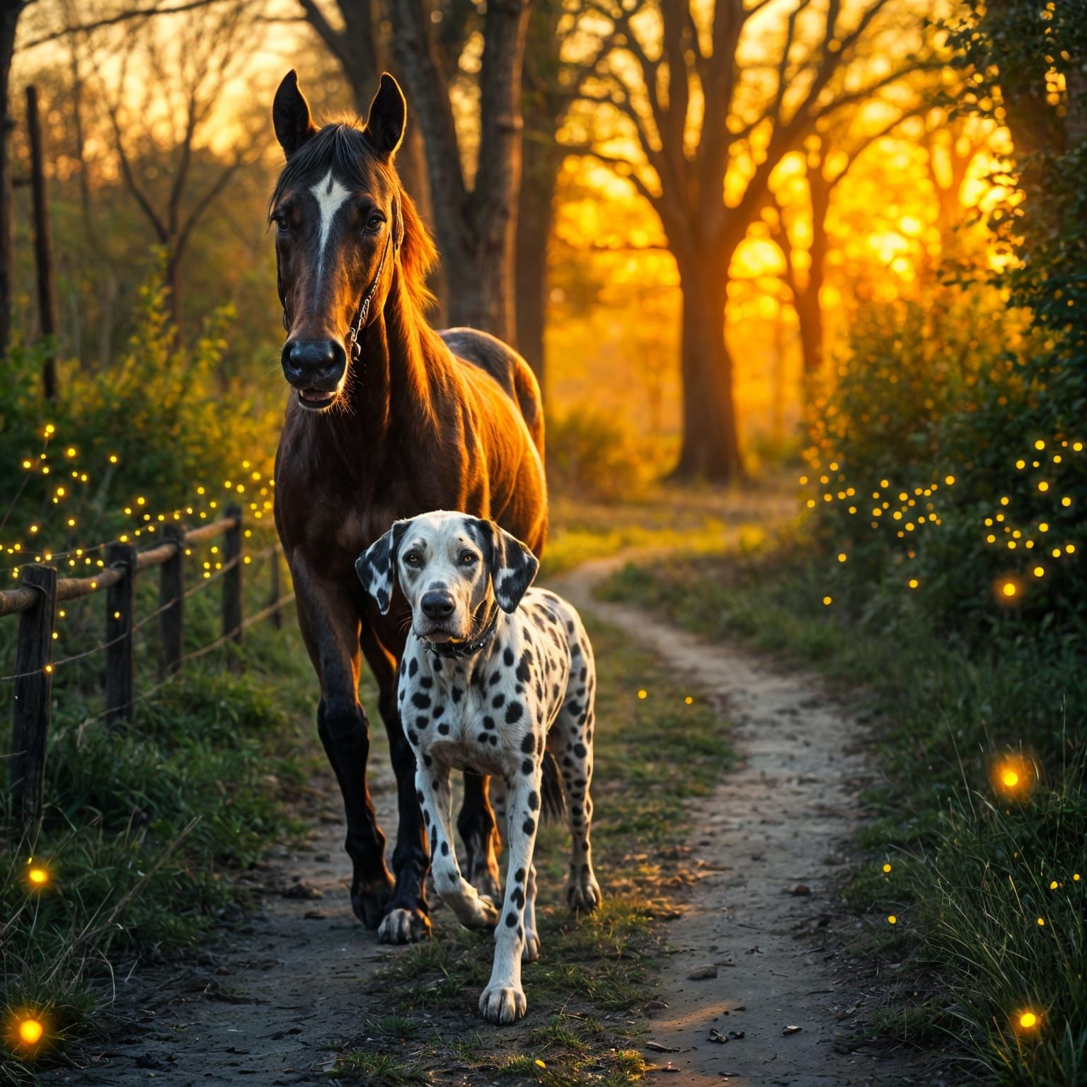 Majestic Dalmatian and Work Horse Walk into the Sunset