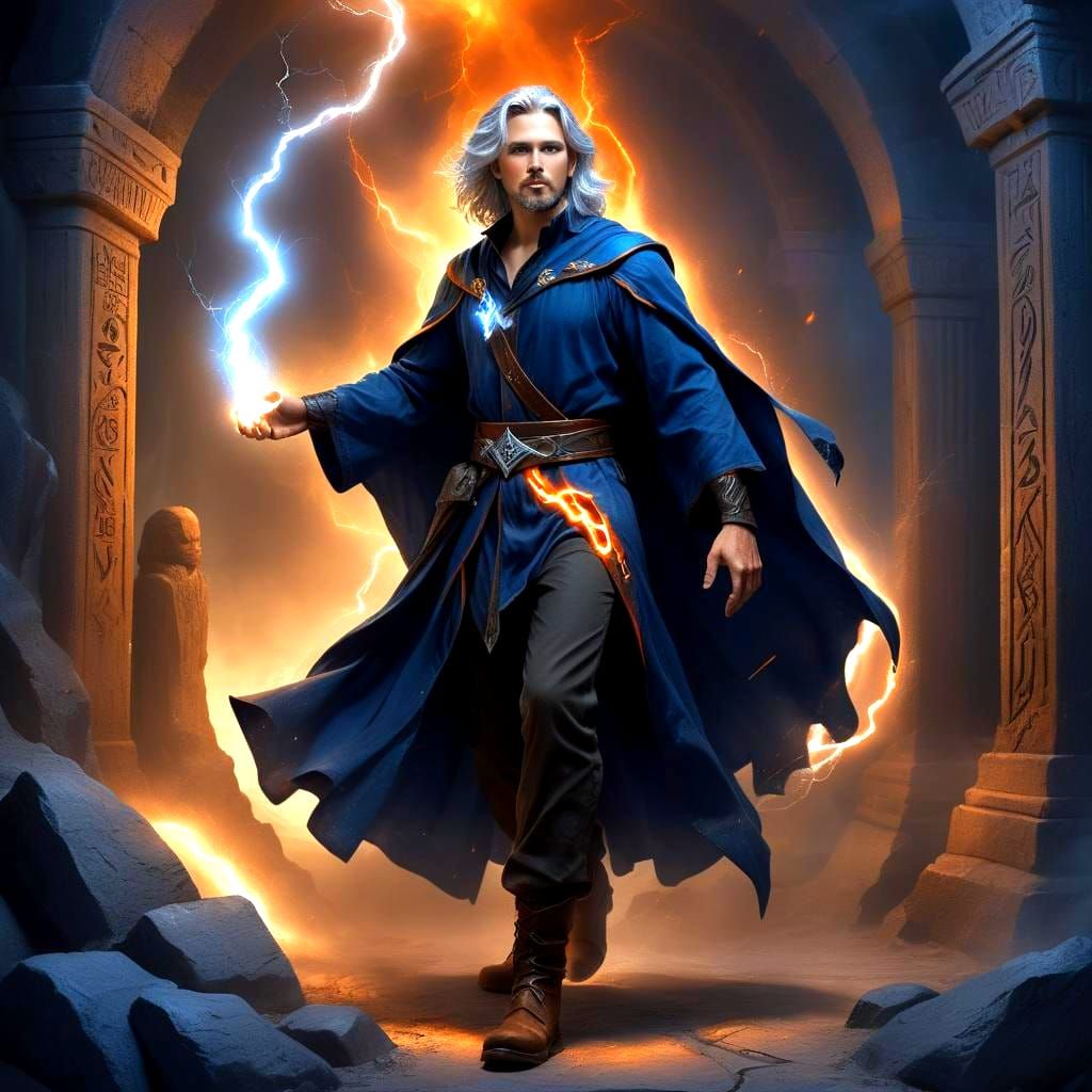 Handsome Wizard Casting Lightning Spell in Tomb