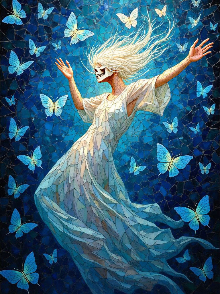 Stained Glass Ghost with Blue Butterflies Mosaic
