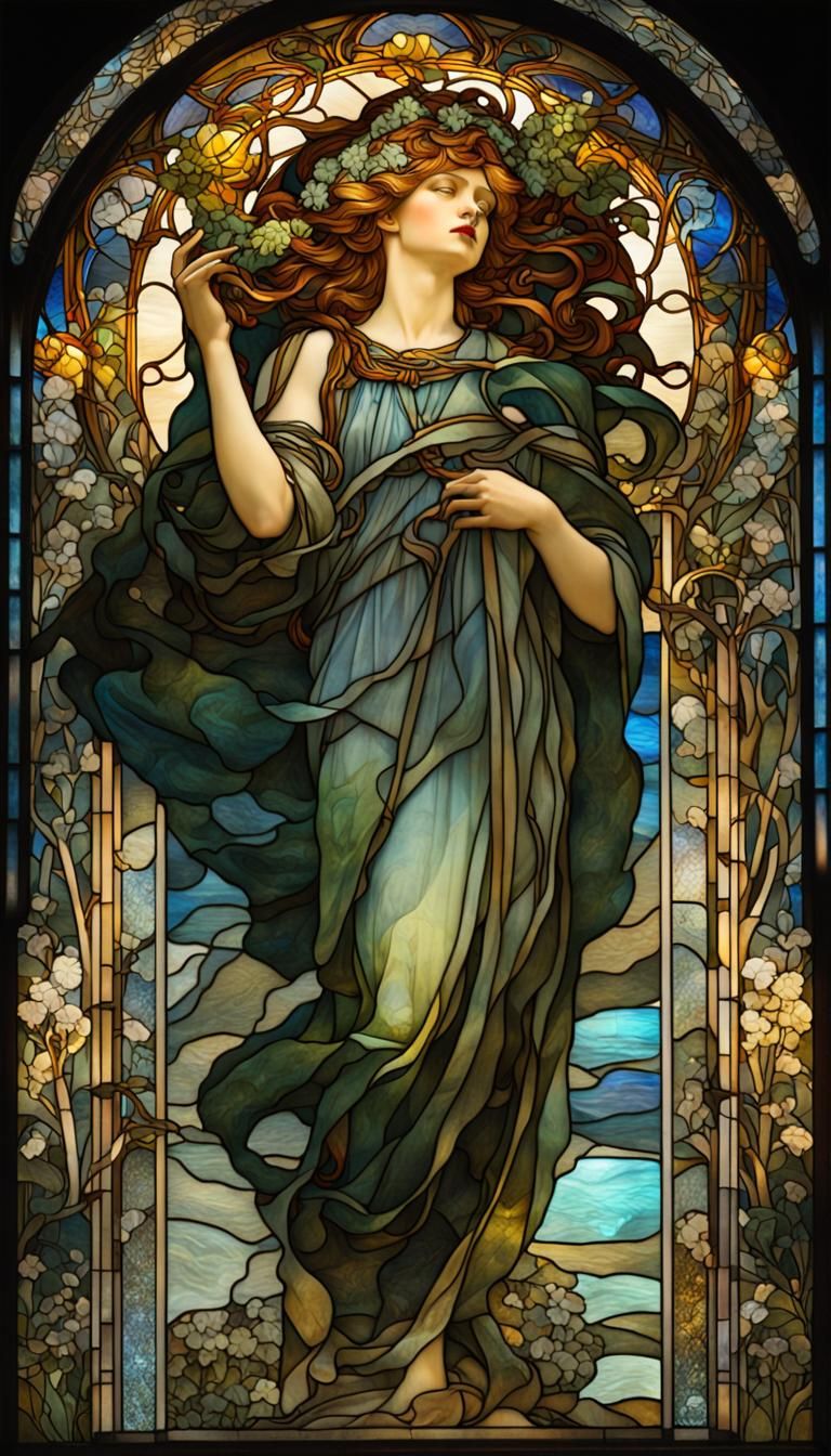 Art Nouveau Stained Glass Window Representing Night