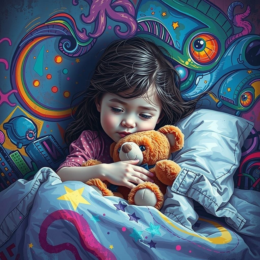 Little Girl Snuggled in Bed with Navy Teddy Bear