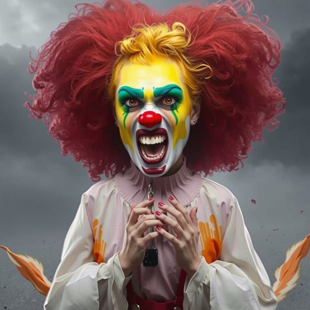 Dramatic Digital Painting of an Angry Clown Girl