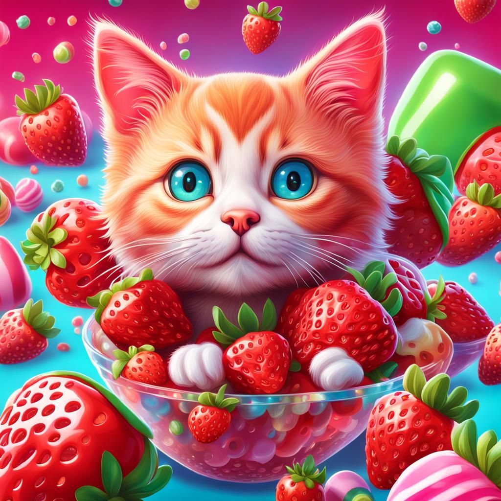 Whimsical Strawberry Kitten in Candy Art Style