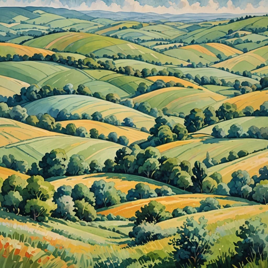 Summer Rolling Hills: Gouache Watercolor Impression