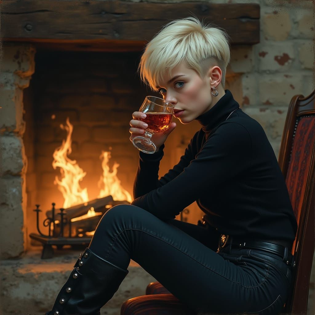 Moody Punk Girl Sips Brandy by the Fireplace