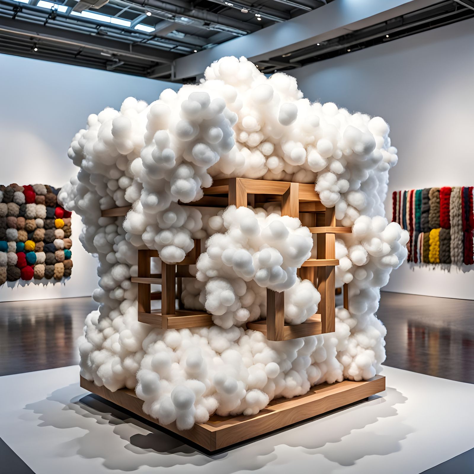 Material Cube Sculpture with Wool Clouds