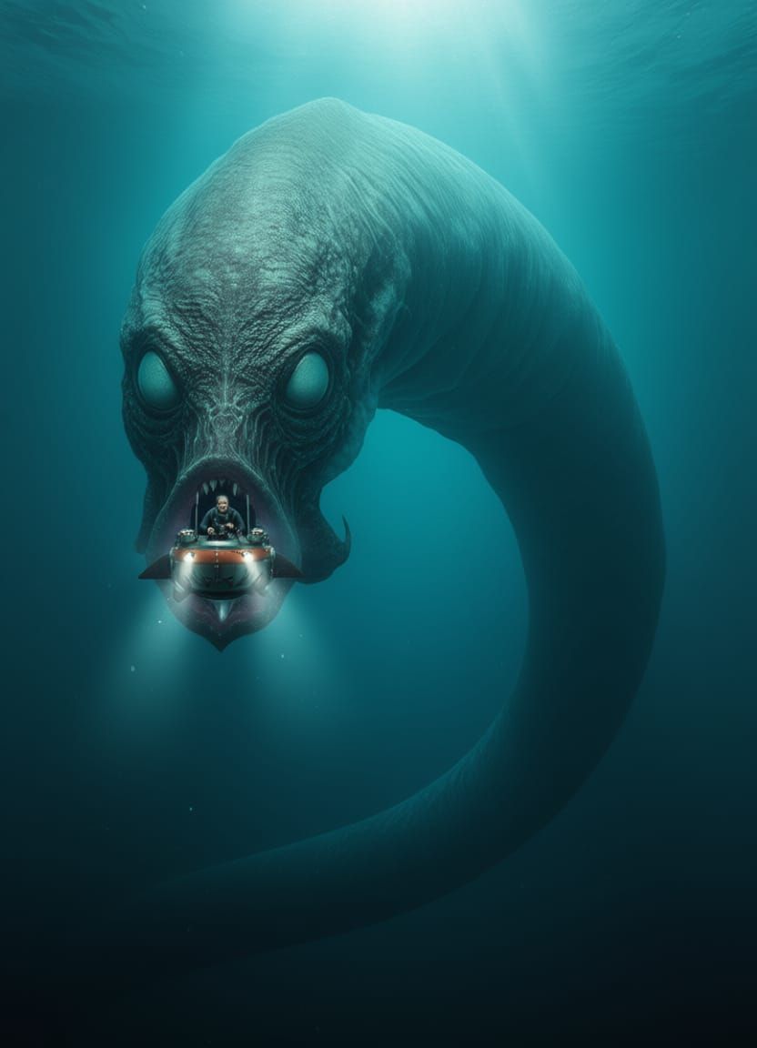 Massive Cosmic Eel Devours Submarine in Hyperrealistic Photo