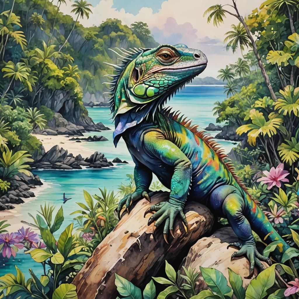 Iridescent Iguana on Idyllic Island in Ink