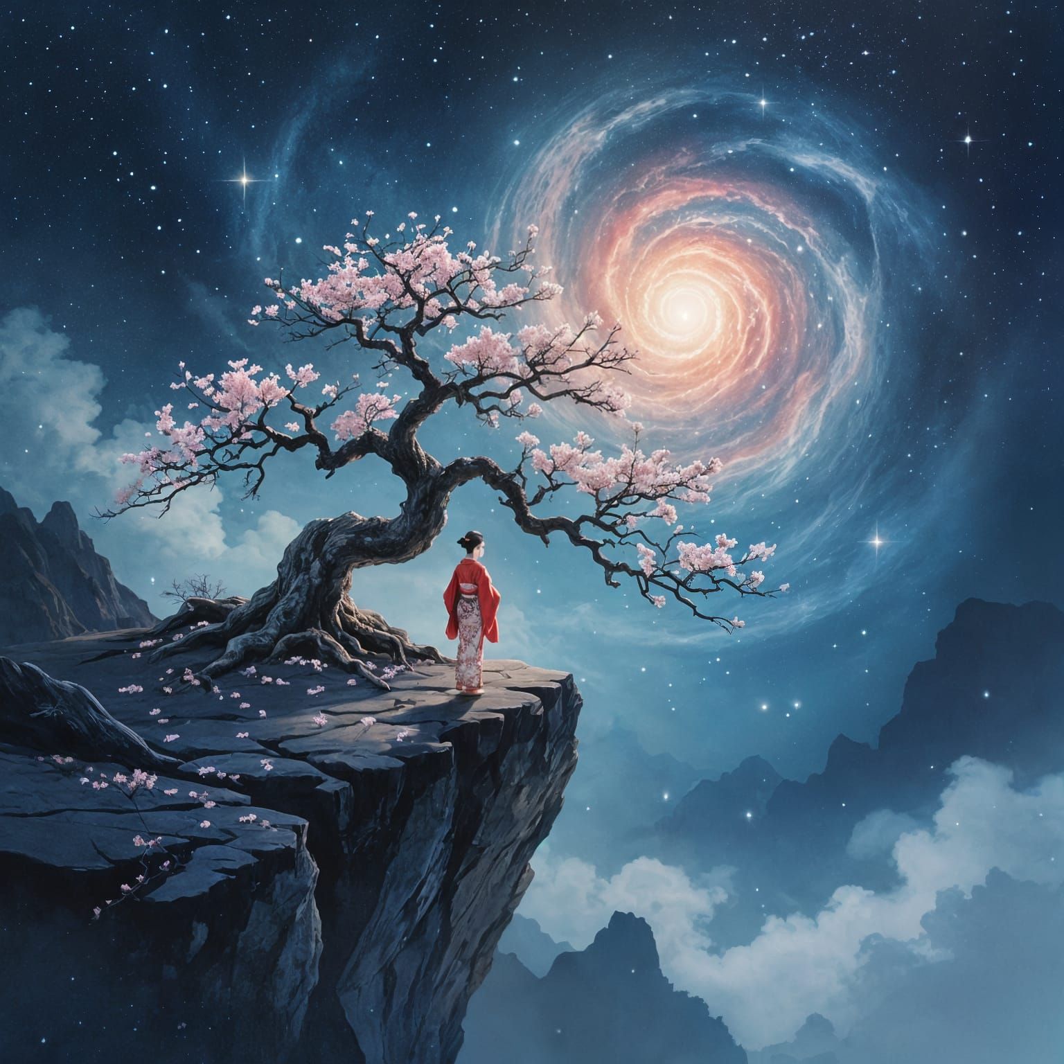 Ancient Bonsai Sakura on Cliff Edge Overlooking Nebula