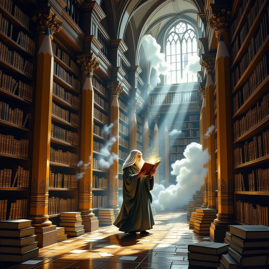 Ancient Pencil Library with Ethereal Scholar