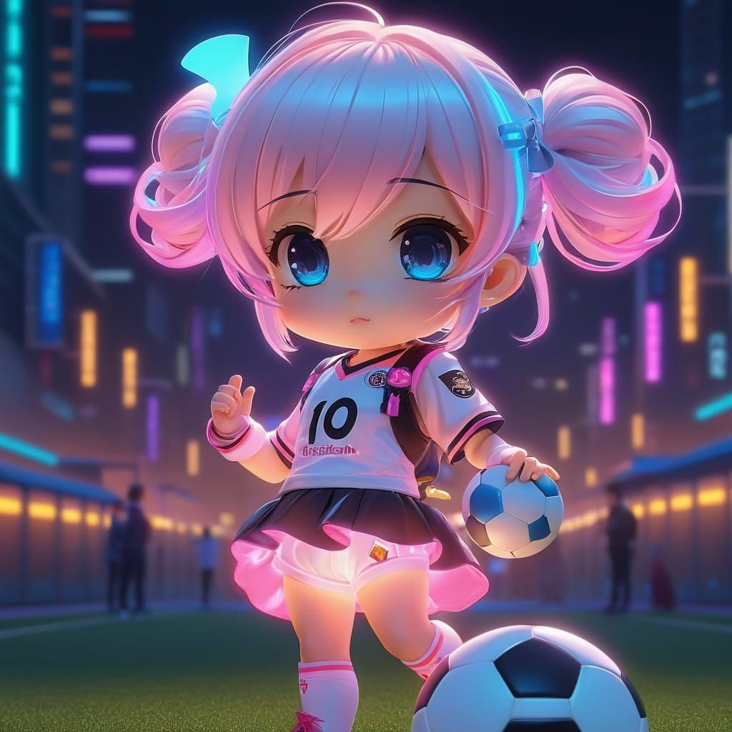 Cyberpunk Kawaii Chibi Soccer Player in Neon Style