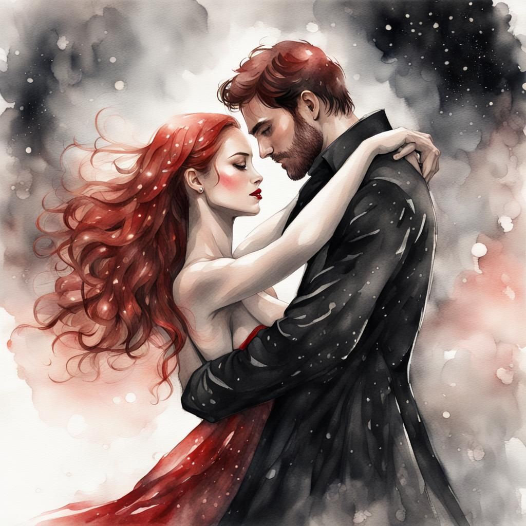 Romantic Couple Dancing in Starlight, Ink Wash Portrait