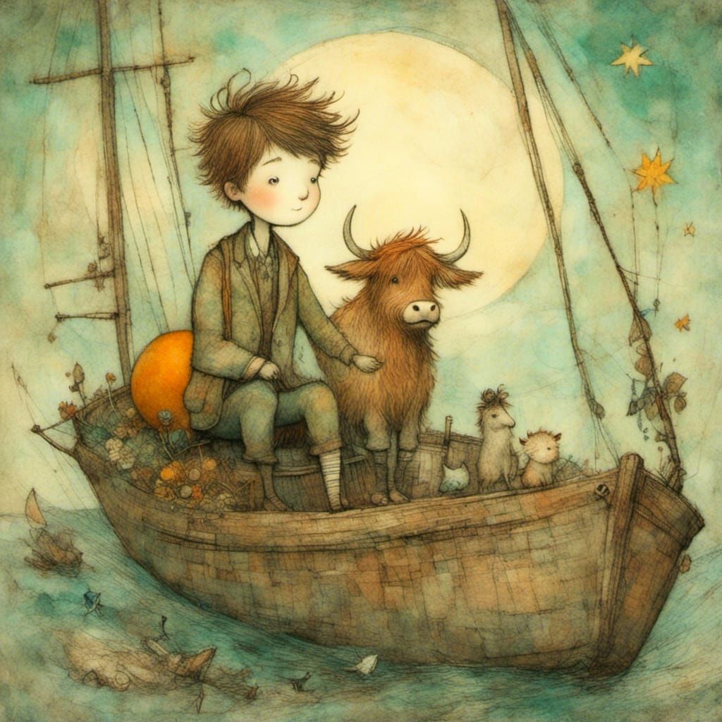 Whimsical Highland Cow on a Magical Journey