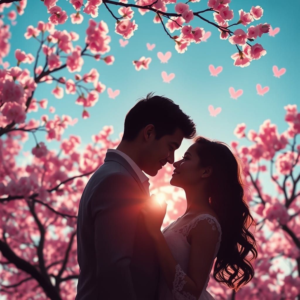 Couple Entwined in Dreamy Dance Amidst Vibrant Blossoms