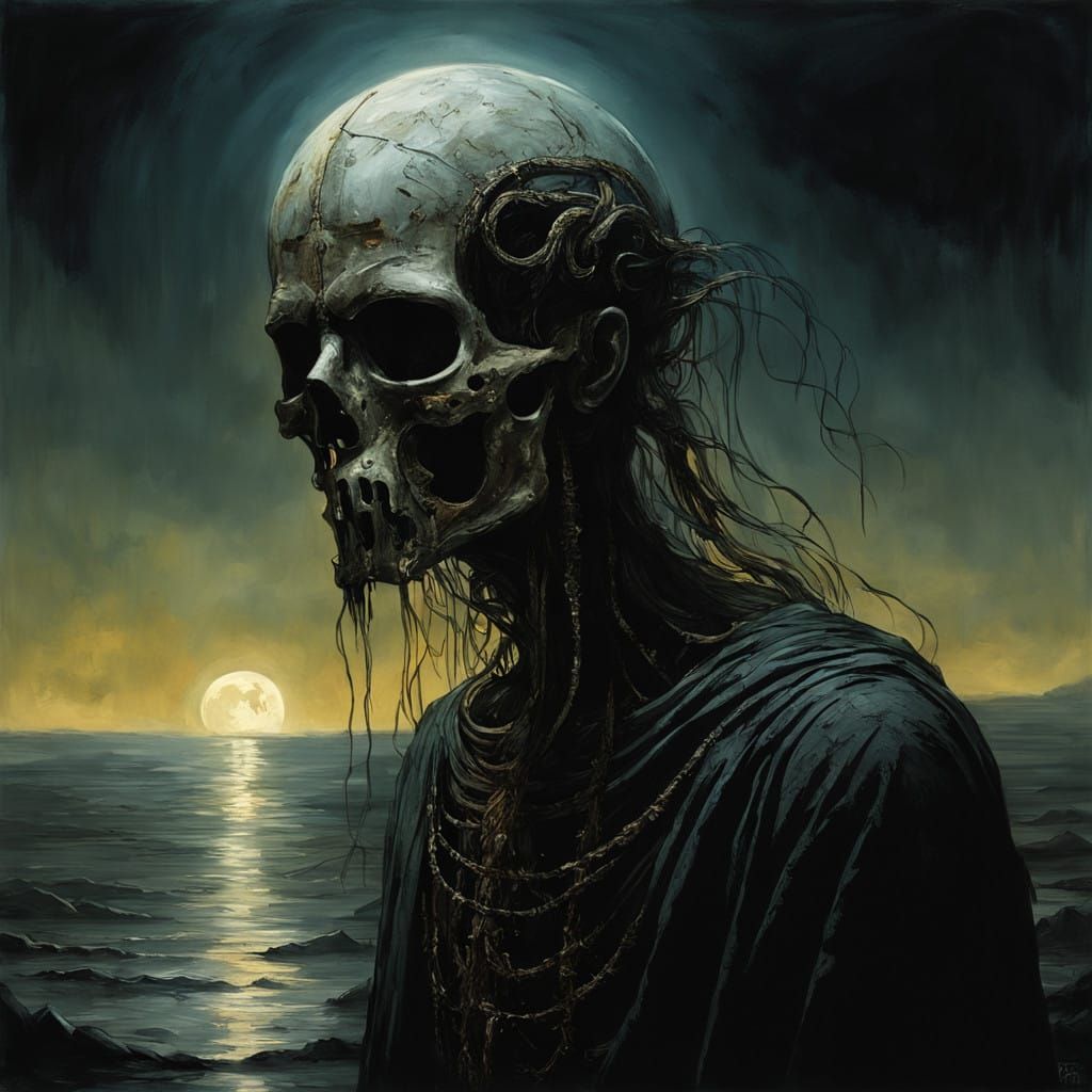 Hero Stands Before Dark Goddess on Moonlit Shore