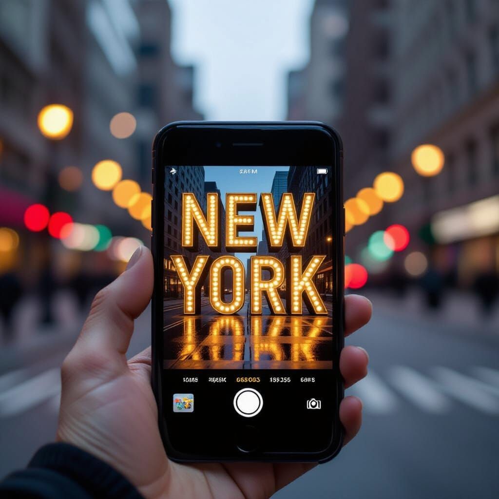 Mobile Phone Displaying "NEW YORK" with Bokeh Effect