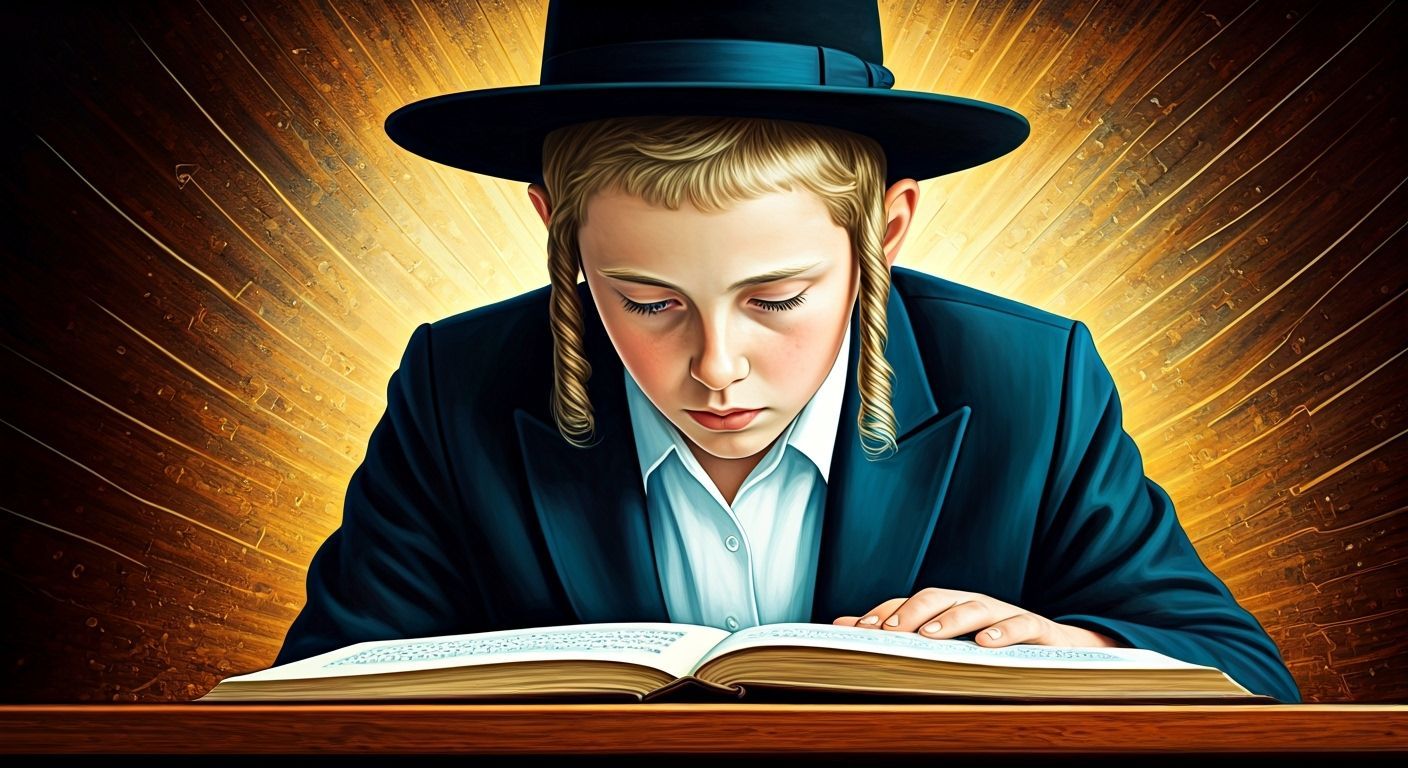 Hasidic Boy Studying Torah in Hyperrealistic Splash Art
