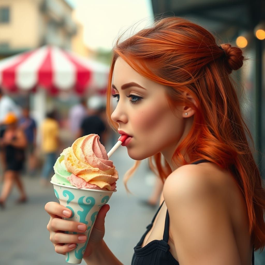 Girl Licking Colorful Ice Cream Cone