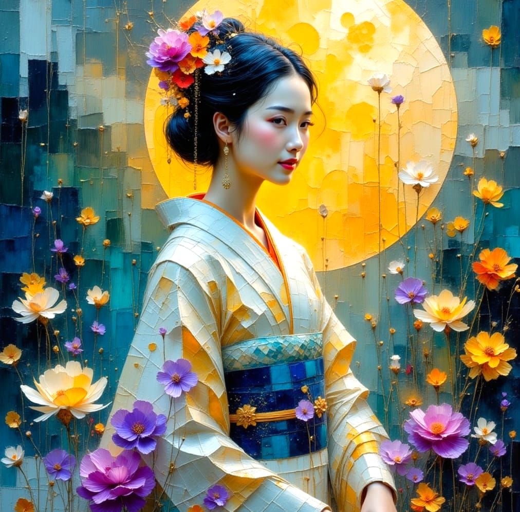 Ethereal Japanese Goddess Under Rising Moon