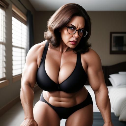 Angry Woman Crawling and Flexing in Bedroom