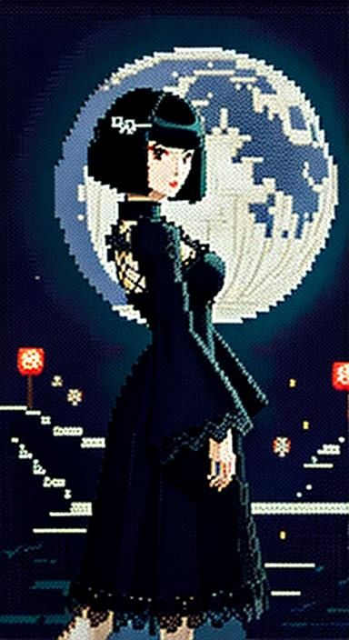 alluring Japanese girl puffy gothic lace dress bobcut hair o...