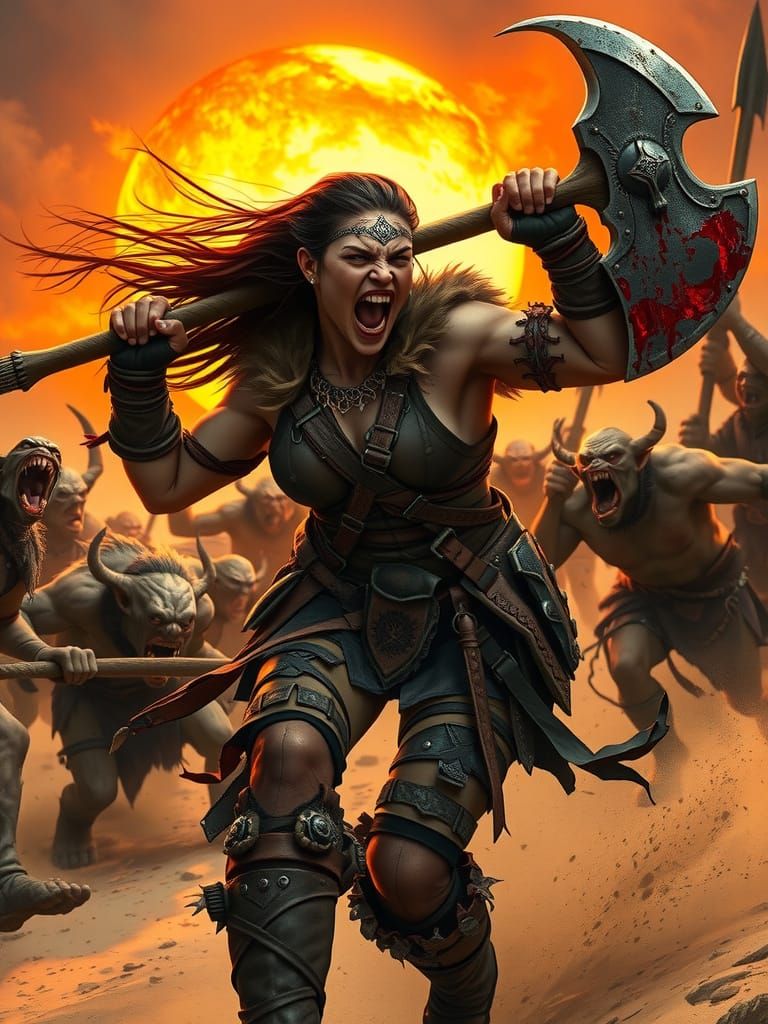 Fierce Female Barbarian Battles Orcs in Desert Sunset