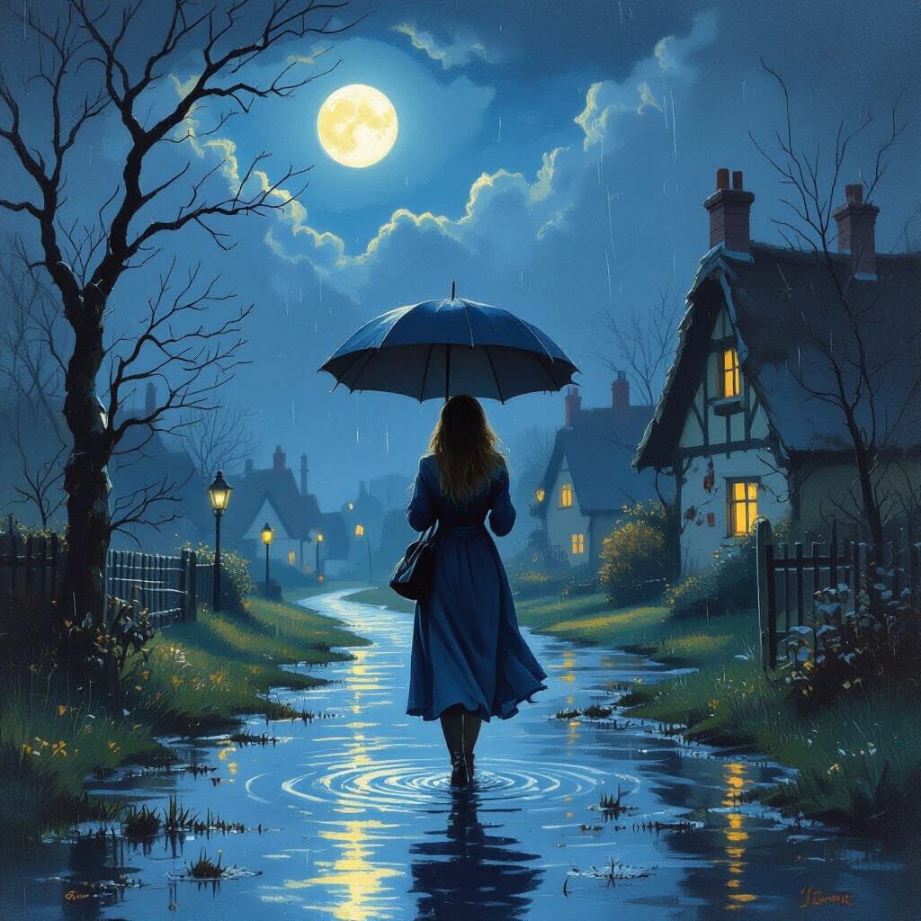 Joyful Woman Wades Through Puddles Under Moonlight