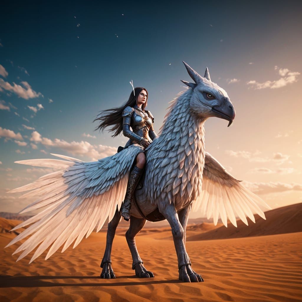 Girl Riding a Winged Horse in a Desert Storm, 3D Game Cinema...