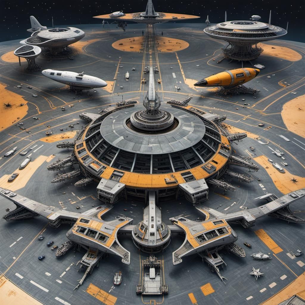 Futuristic Circular Spaceport with Flying Vehicles