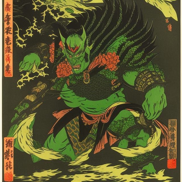 Evil Goblin Shogun Casting Magic in Woodcut Style