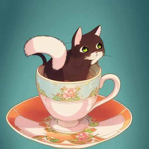 Cute Kitten in Teacup: Ghibli Anime Concept Art