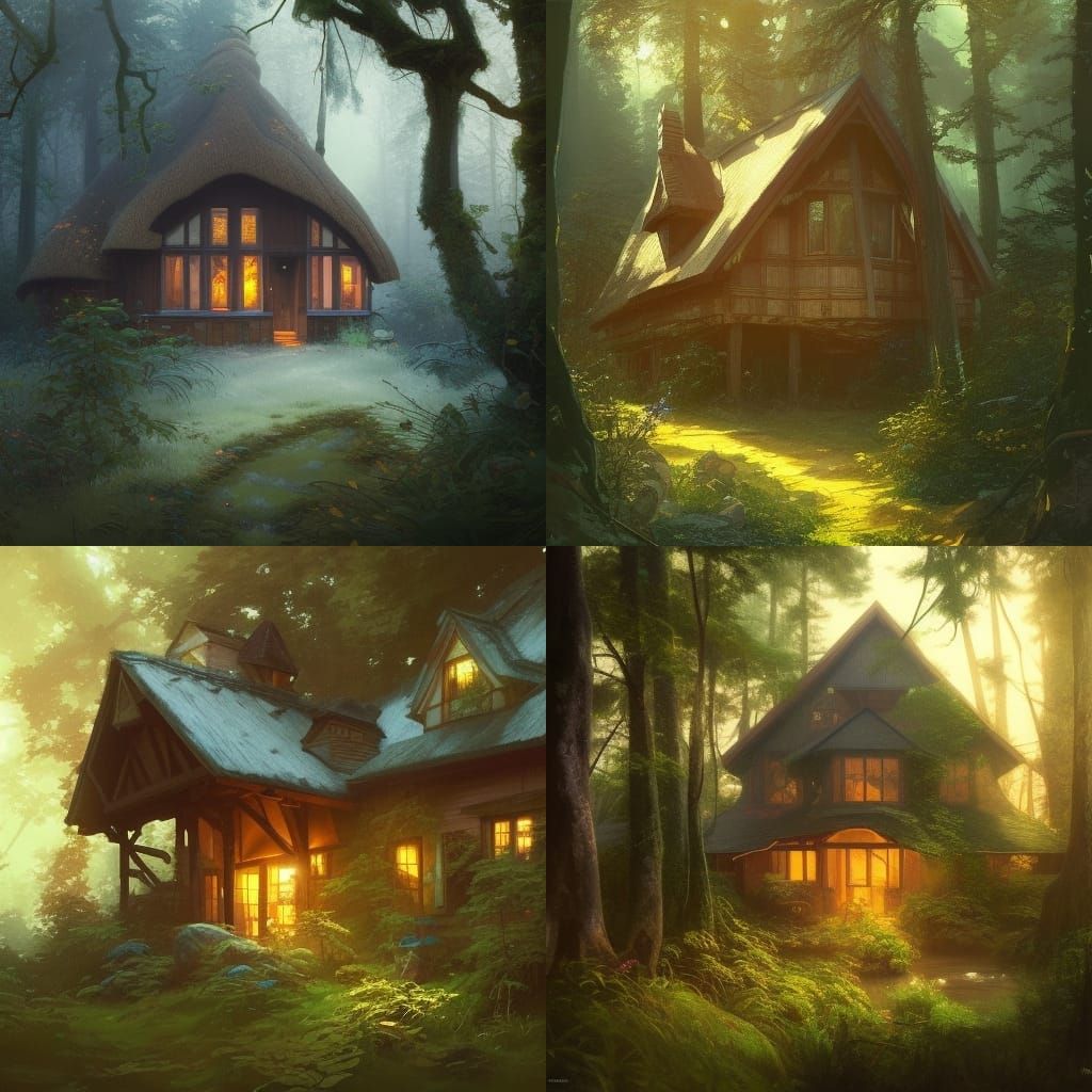 Forest Cottage Portrait in Hyperdetailed Splash Art Style