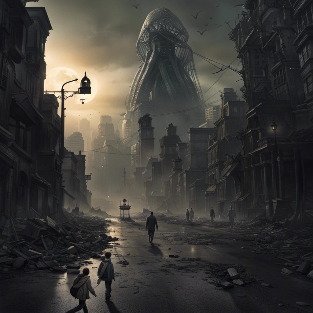 Humans Fleeing Colossal Aliens in Ruined City