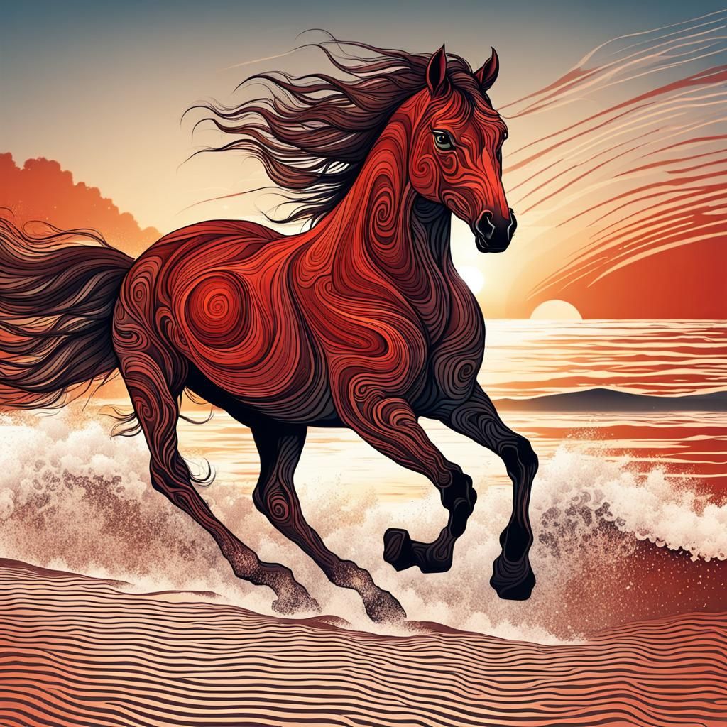 Red Roan Horse Galloping on Beach at Sunset