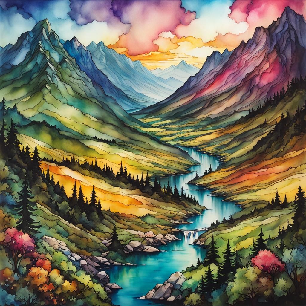 Colorful Anime Mountain Valley with River