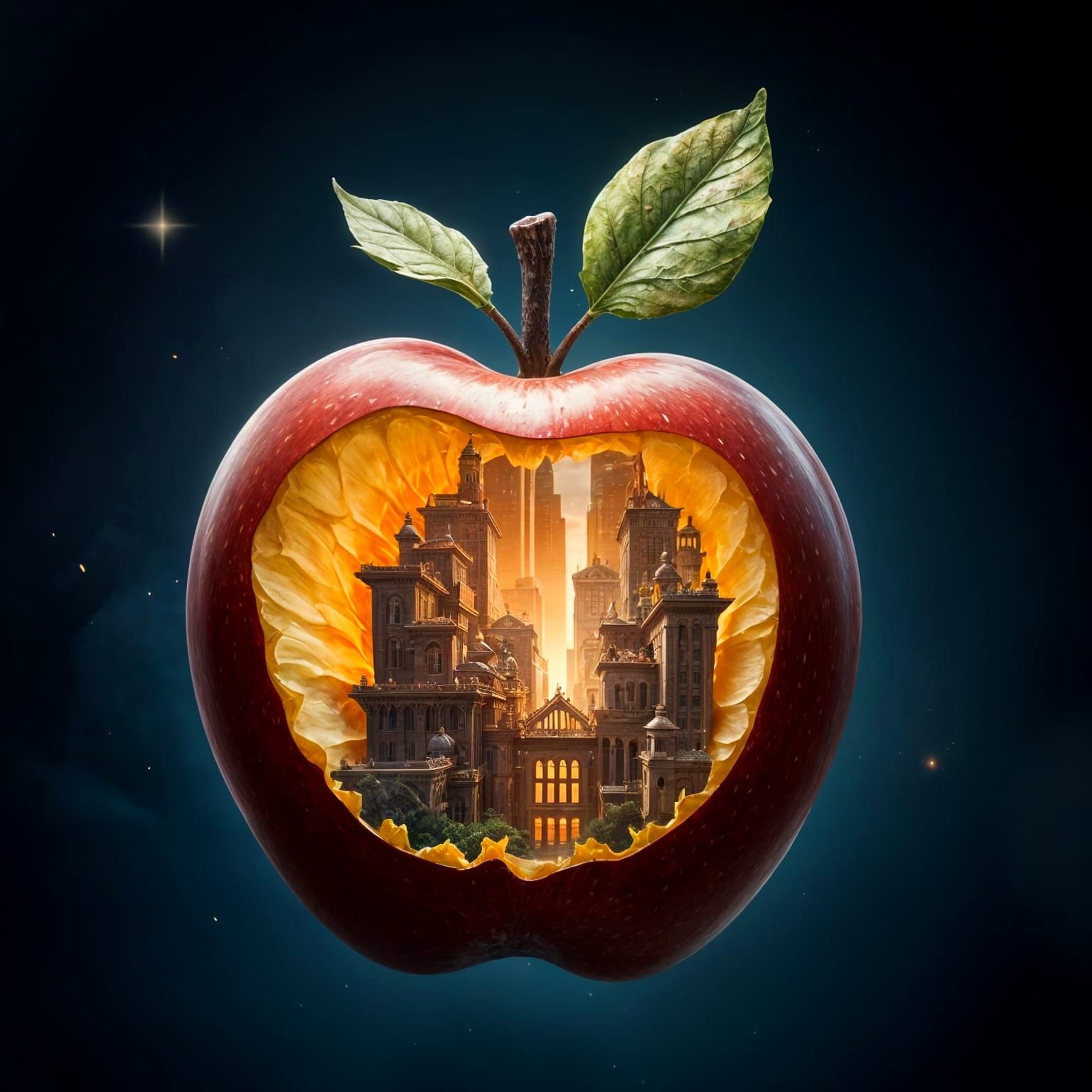 Fantastical Cityscape Emerging from a Carved Apple
