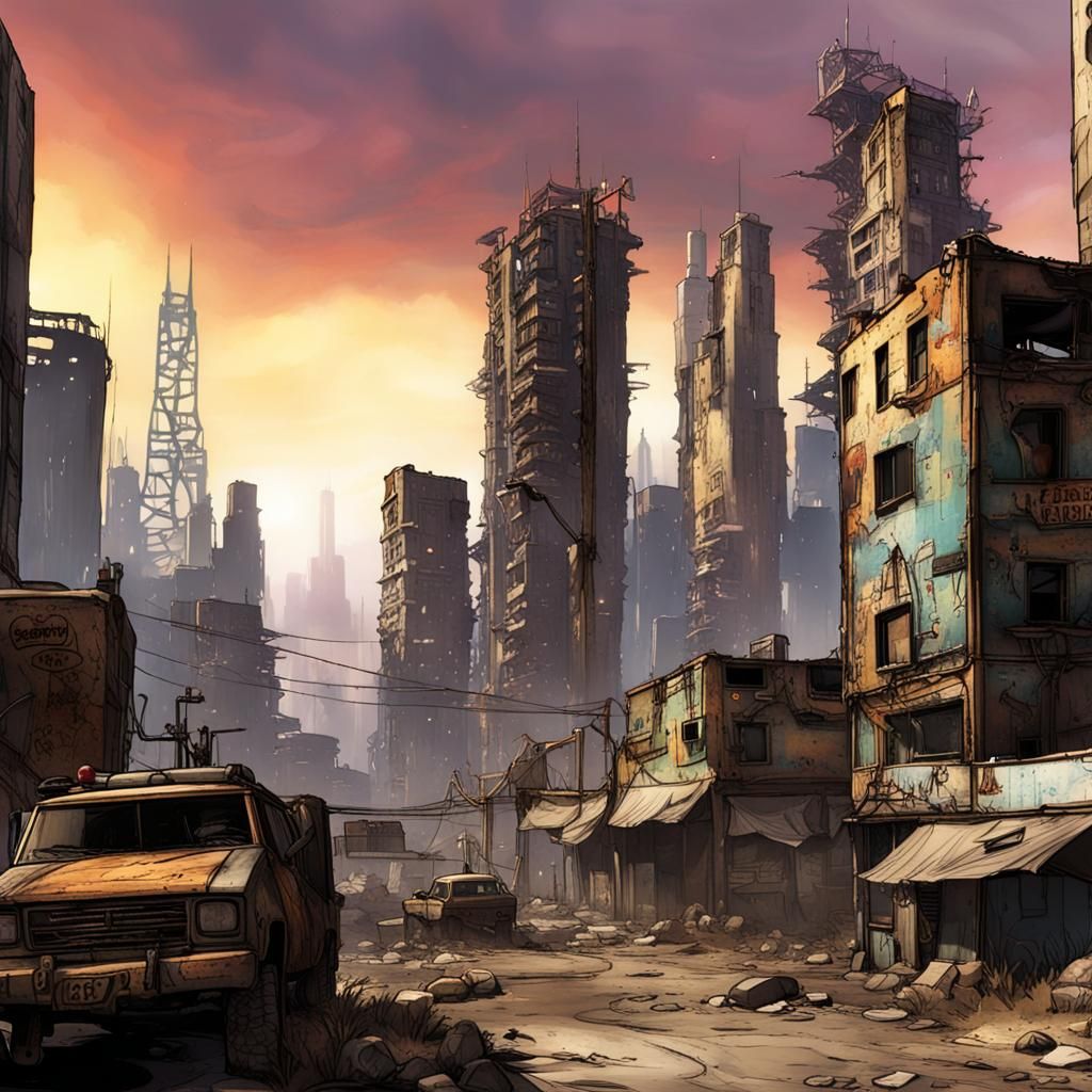 Post-Apocalyptic Cityscape in Synthwave Neon Retro Style