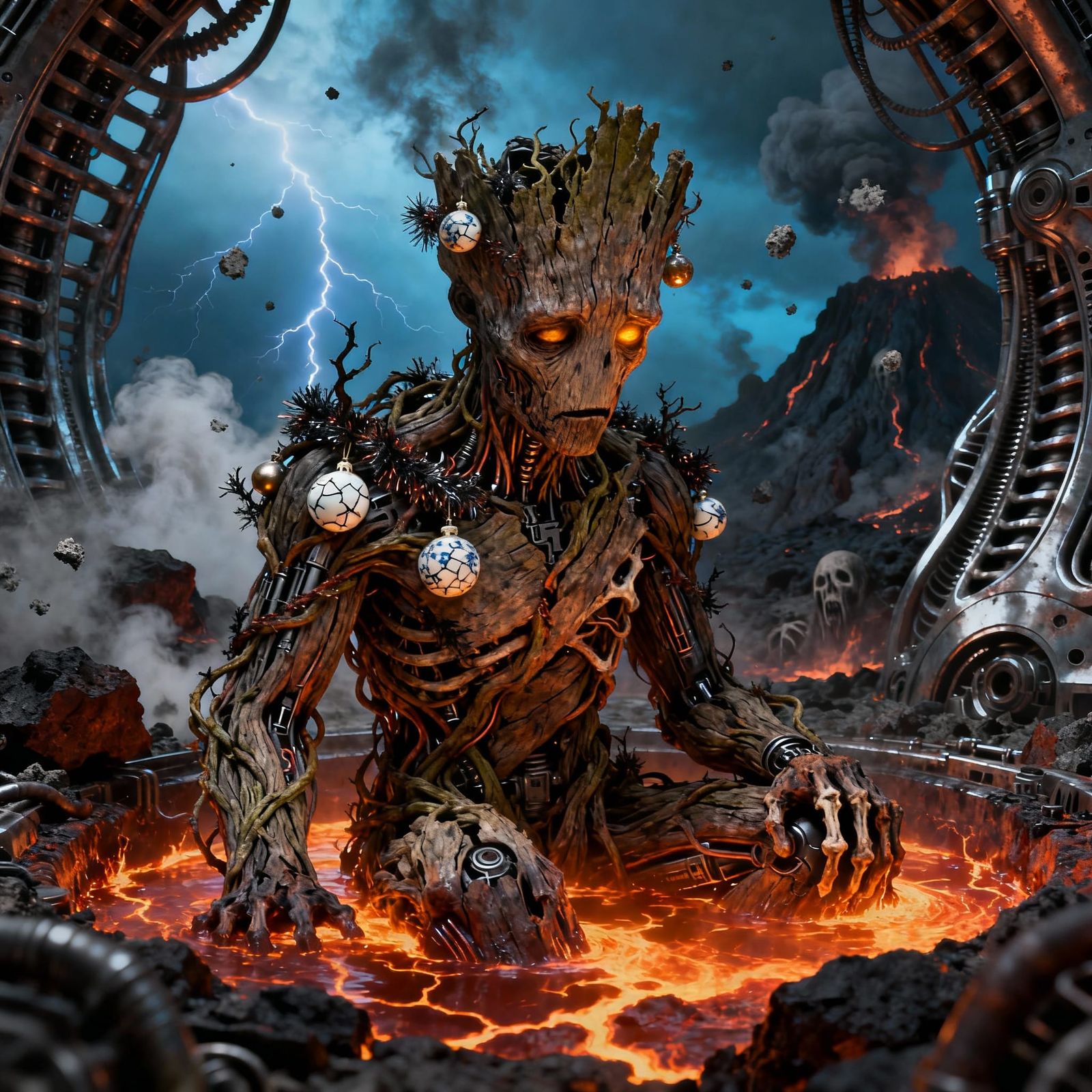 Groot in Lava Pool with Christmas Decorations