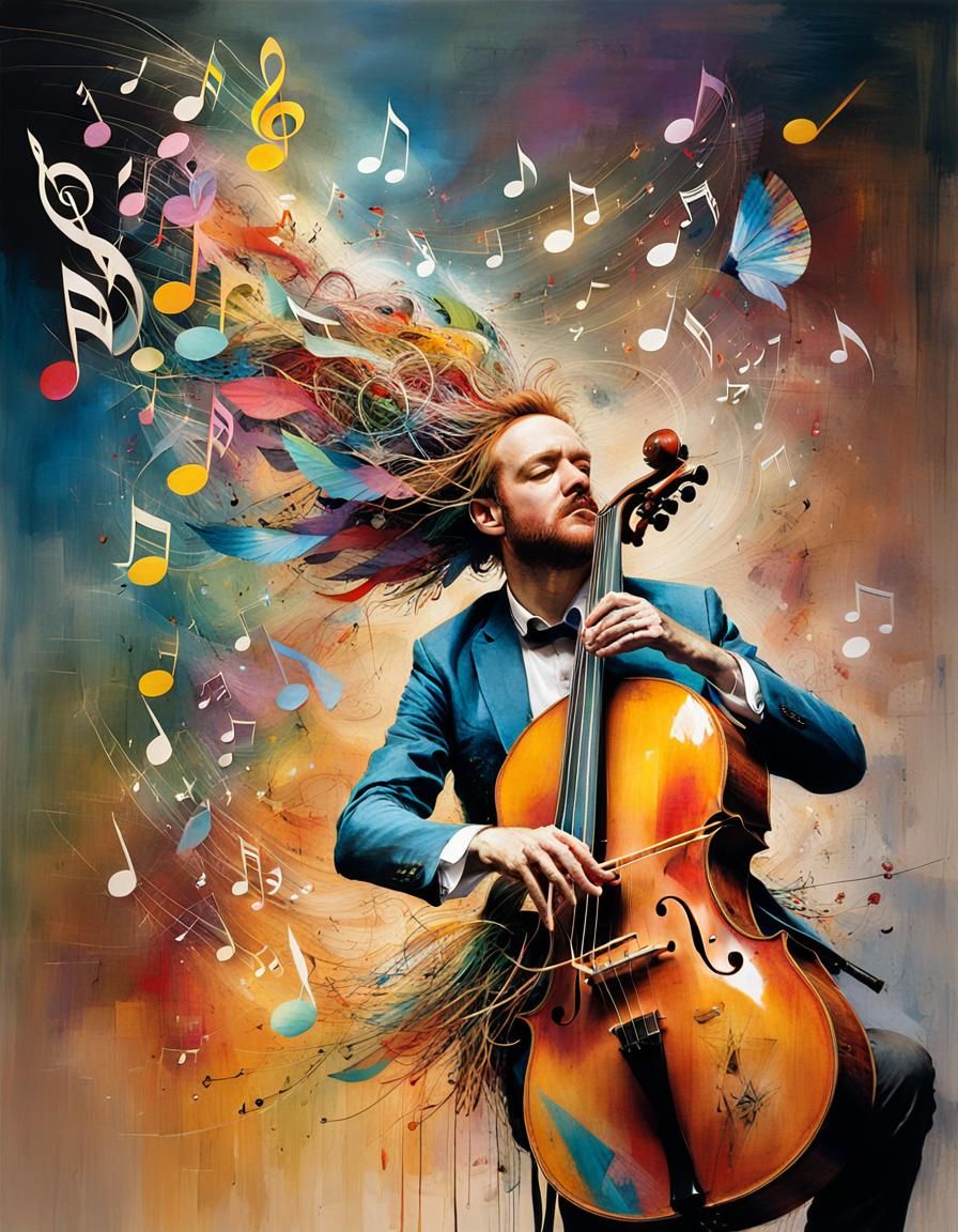 Busker Surrounded by Musical Notes, Intricate Ink Art