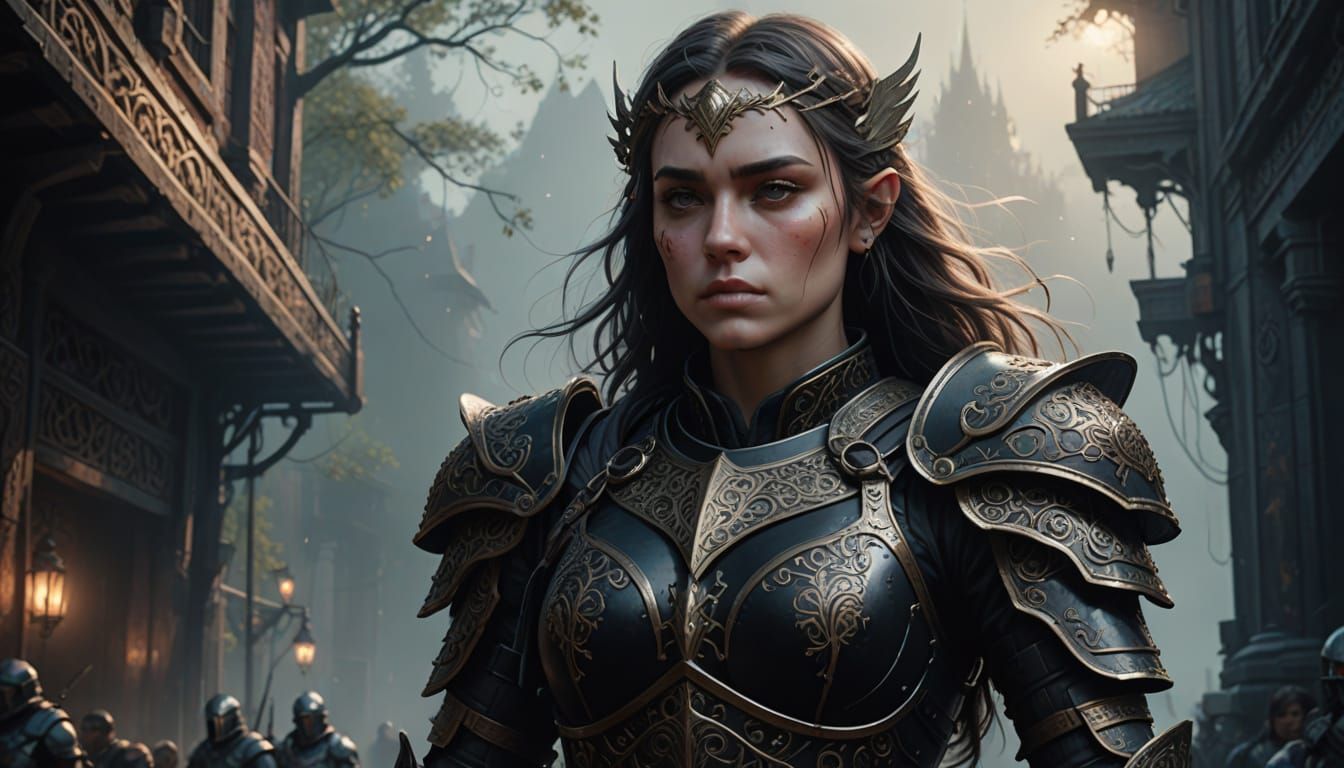 Elegant Half-Elf Warrior in Ornate Black Armour