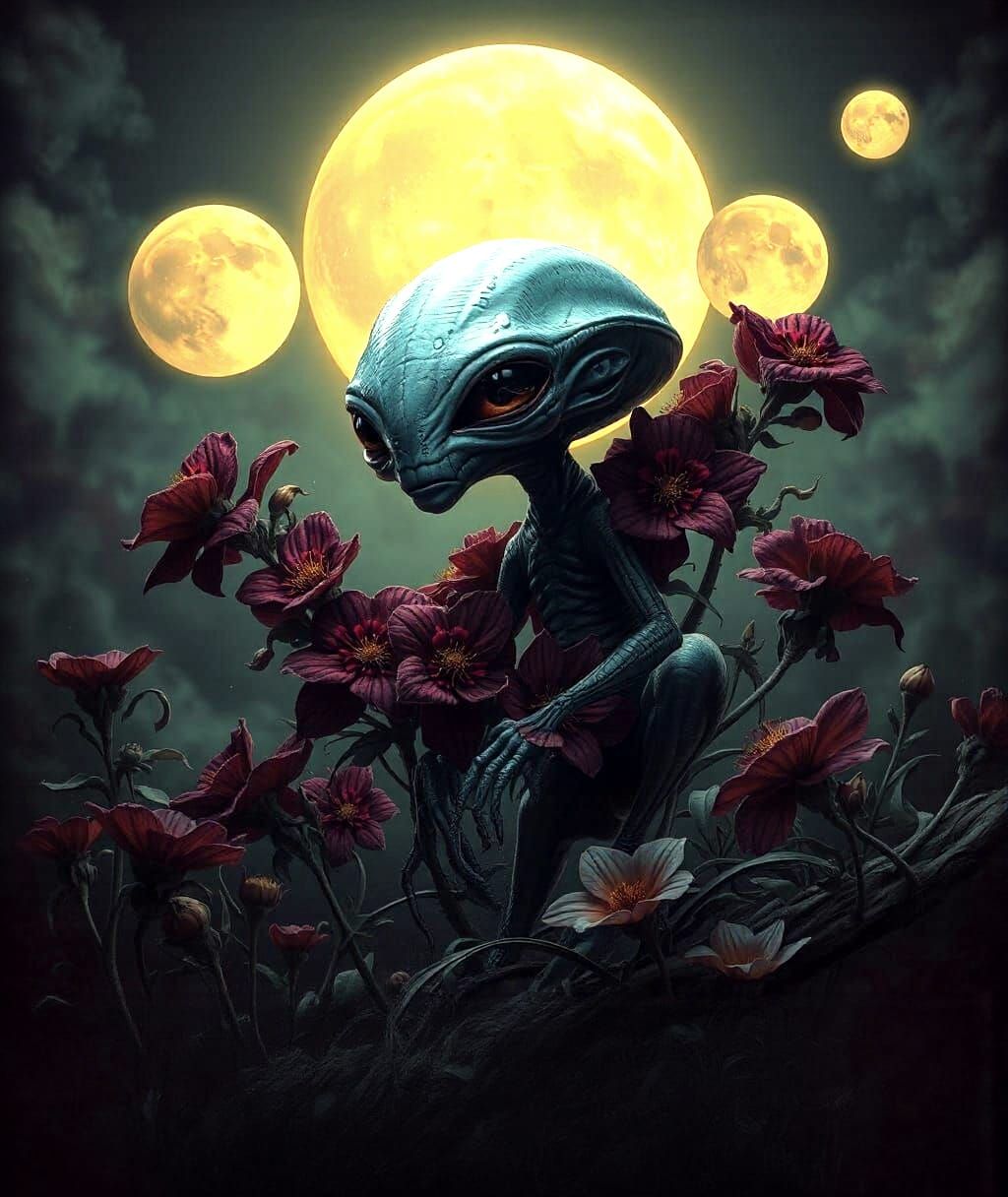 Alien with Moon and Flowers, Dark Fantasy Art