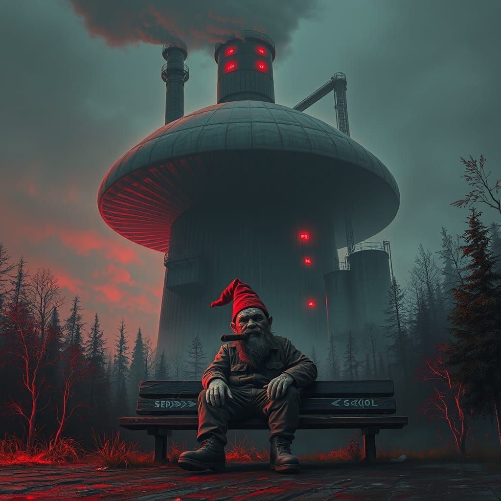Industrial Mushroom Factory in Deep Red Hues